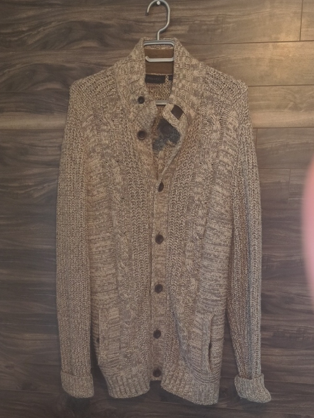 RW&CO. Marled Beige Shawl-Collar Cable Knit Cardigan Men's Medium